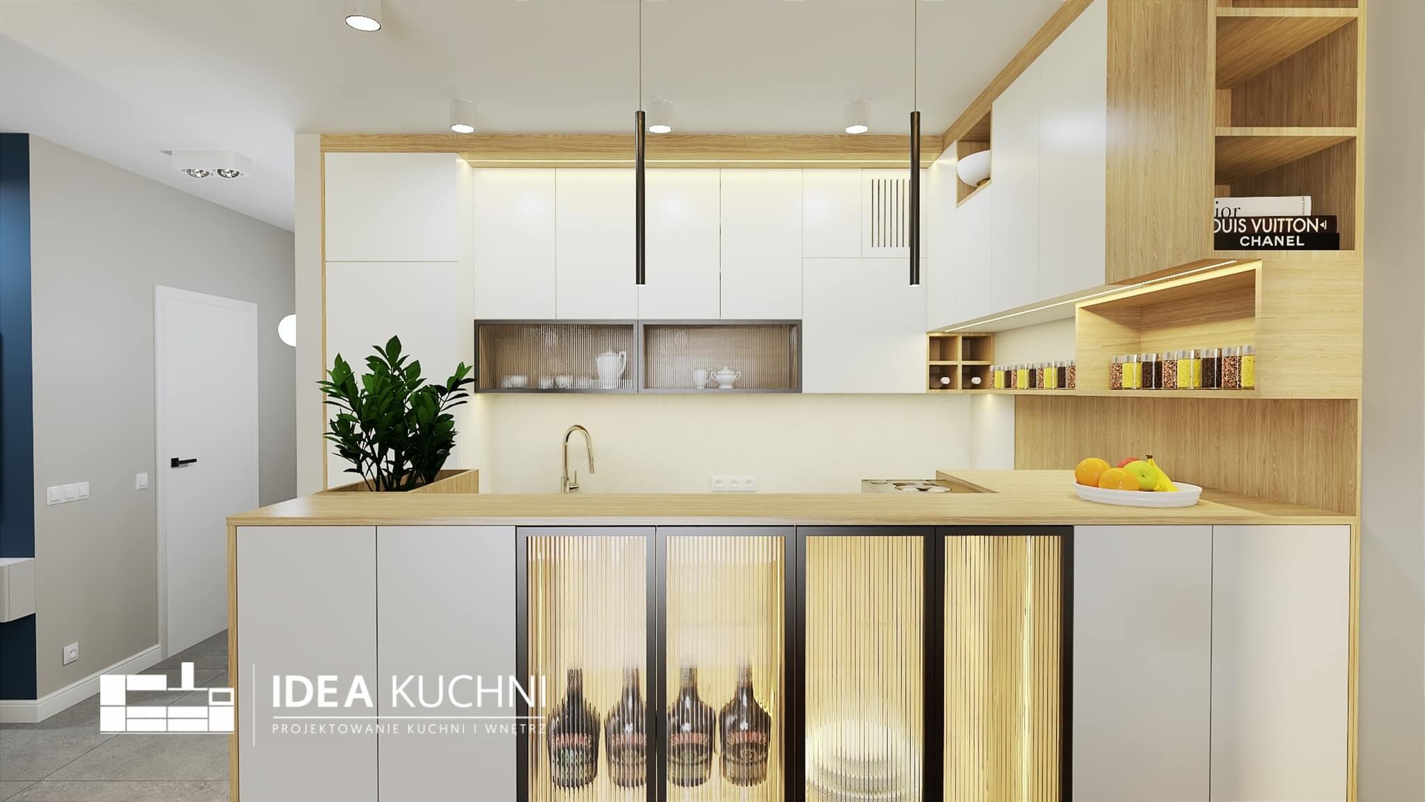projekt jasnej kuchni z dodatkami z dębu